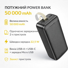 Повербанк Awei J111B 50000 mAh, 22.5W - портативный внешний аккумулятор с быстрой зарядкой, 3 выхода, Li-Pol, черный