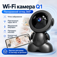 Поворотная видеокамера от USB 360° Q1, Черная / Цифровая видеоняня с микрофоном / Проводная камера наблюдения для детей и животных Поворотная видеокамера от USB 360° Q1, Черная / Цифровая видеоняня с микрофоном / Проводная камера наблюдения для детей и животных