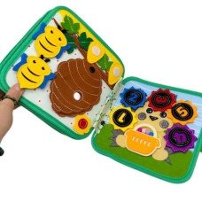 Мягкая книга бизиборд (фетр, бусины, прозрачный карман, цифры, элементы на липучках и кнопках, овощи, фрукты, насекомые)