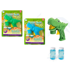 Мильні бульбашки пістолет-динозавр, 17см, механічний, запаска 7,5-3,5см 2шт, 2 кольори, на листі, 1908-2A-4A