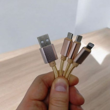 Кабель тканевый 3 в 1, MicroUSB, Type-C и Lightning (золотистый)