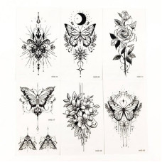 Набор временных тату «Бабочки и цветы №3» black-tattoo-mini-set-f03 из 6 черных по 9,5 х 5,5 см