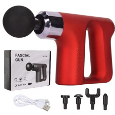 Аккумуляторный массажер для тела мышечный портативный ручной 4 насадки Fascial Gun KH-740 Красный