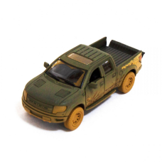 Детская модель машинки пикап Ford F-150 SVT Raptor-Supercrew Muddy Kinsmart KT5365WY инерционная, 1:46 (Dark-Green)