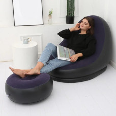 Надувное кресло диван 2в1 с пуфиком для ног A-Sofa до 120 кг с насосом Чёрный с фиолетовым