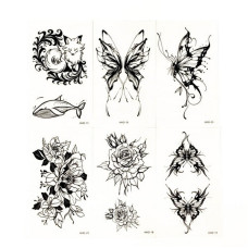 Набор временных тату «Бабочки и цветы №1» black-tattoo-mini-set-f01 из 6 черных по 9,5 х 5,5 см