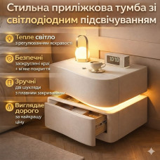 Прикрованная тумба из экокожи с LED-подсветкой и двумя выдвижными ящиками (света)