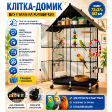 Большая металлическая клетка для птиц 74×37×152 см на колесах с крышей + игрушки / Клетка для попугая канарейки / Вольер для птиц