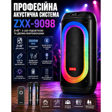 Аккумуляторная акустическая система ZXX-9098 2×8″ / Колонка с LED-подсветкой + 2 беспроводных микрофона Аккумуляторная акустическая система ZXX-9098 2×8″ / Колонка с LED-подсветкой + 2 беспроводных микрофона