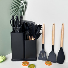 Силиконовый кухонный набор принадлежностей с деревянной ручкой Kitchenware Set 19 предметов Чёрный со