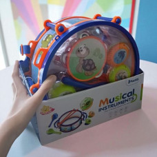 Набор музыкальных инструментов барабан: 28х28х12 см, барабанные палочки, маракасы, бубен, кастаньеты, ремешок, в коробке Набор музыкальных инструментов барабан: 28х28х12 см, барабанные палочки, маракасы, бубен, кастаньеты, ремешок, в коробке