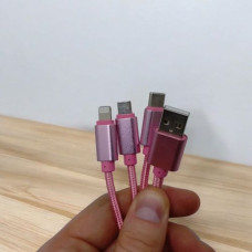 Кабель тканевый 3 в 1, MicroUSB, Type-C и Lightning (розовый)