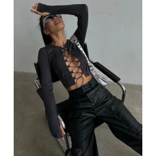 Топ пэчворк с длинным рукавом на шнуровке черный Топ пэчворк с длинным рукавом на шнуровке черный