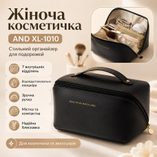 Женская дорожная косметичка AND XL-1010 черная из экокожи на молнии, органайзер для косметики с 7 отделениями и ручкой
