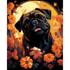 Картина по номерам на черном фоне "Мопс в цветах" 40х50 см