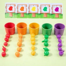 Логическая игра деревянная основа, 5 чаш для сортировки, 25 резиновых овощей, 10 двусторонних карт с заданиями