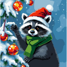 Картина по номерам "Енот украшает елку" 30х30 см