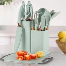 Силиконовый кухонный набор принадлежностей с деревянной ручкой Kitchenware Set 19 предметов Бирюзовый